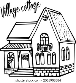 Vector hand drawn doodle house, cozy home, building, cottage, vector lettering, doodle house, two floors building