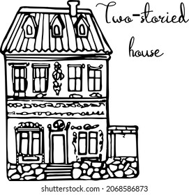 Hogar de doodle dibujado a mano por vectores, hogar acogedor, edificio, cabaña, grabado vectorial, casa de doodle, edificio de dos pisos