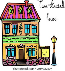 Hogar de doodle dibujado a mano por vectores, hogar acogedor, edificio, cabaña, grabado vectorial, casa de doodle, edificio de dos pisos