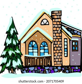 Vector hand drawn doodle house colored, Christmas decorated house, Christmas tree, New Year village house, colored doodle
