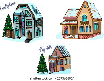 Casa de doodle de color, casa decorada en Navidad, árbol de Navidad, casa de pueblo de Año Nuevo, doodle de colores, campo, nevada, nieve, letras, casas de campo ambientadas