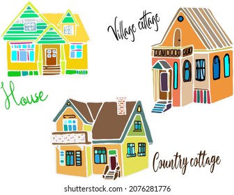 Vector hand drawn doodle house set, colored doodle different houses, village, country buildings, constructions, apartments 