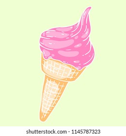 A vector hand drawn doodle of an icecream cone. Summer theme, full colored strawberry ice-cream art for advertising, banners, leaflets and menu