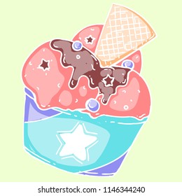 A vector hand drawn doodle of an ice-cream in a cup with chocolate icing. Summer theme, full colored art for advertising, banners, leaflets and menu line art on lime background