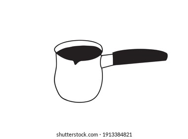 Vector hand drawn doodle icon of modern cezve Turkish coffee pot. Kitchen utensil for brewing coffee. Black and white isolated icon pictogram.