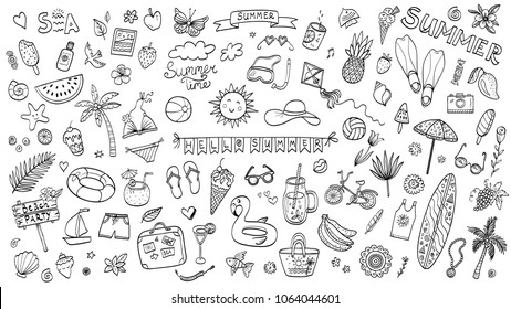 Vector hand drawn doodle illustration . Set of summer objects.