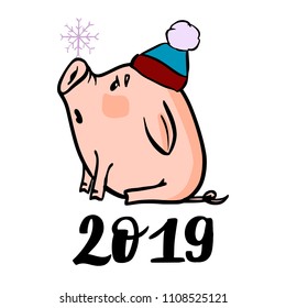 Vector hand drawn doodle illustration of new year winter piglet in a hat with a snowflake and 2019 number. For new year, chinese new year and christmas greeting card, poster, banner, logo.