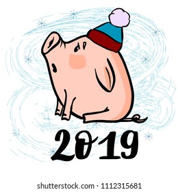 Vector hand drawn doodle illustration of new year winter piglet in a hat with a snowflake and 2019 number. For new year, chinese new year and christmas greeting card, poster, banner, logo.