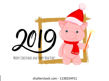Vector hand drawn doodle illustration of new year winter piglet in a hat and scarf and 2019 number. For new year, chinese new year and christmas greeting card, poster, banner, logo.