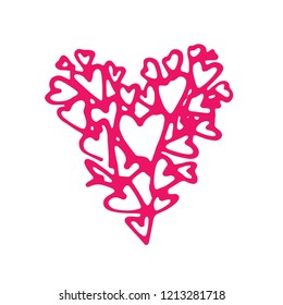 vector hand drawn doodle illustration of pink or red hearts aranged to a shape of a heart for wedding or valentine or love on white background