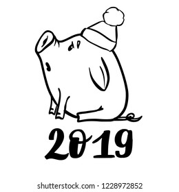 Vector hand drawn doodle illustration of new year winter piglet in a hat with a snowflake and 2019 number. For new year, chinese new year and christmas greeting card, poster, banner, logo.