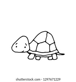 vector hand drawn doodle illustration of happy, smiling turtle,perfect as simple, cheerful template,cute card or a cartoon background with an animal theme for happy children,made in black and white