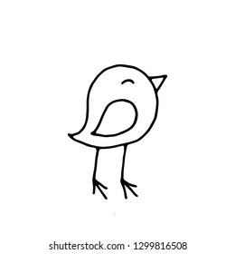 vector hand drawn doodle illustration of happy, smiling bird,perfect as simple, cheerful template,cute card or a cartoon background with an animal theme for happy children,made in black and white