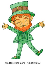 Vector hand drawn doodle illustration of St. Patrick's Day theme leprechaun . Colored illustration on white background. Can be used for banners, posters, menus, leaflets and ads.