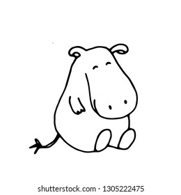 vector hand drawn doodle illustration of happy, smiling hippo,perfect as simple, cheerful template,cute card or a cartoon background with an animal theme for happy children,made in black and white