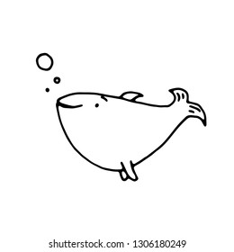 vector hand drawn doodle illustration of happy, smiling whale or big fish,perfect as simple, template,cute card or a cartoon background with an animal theme for happy children,made in black and white