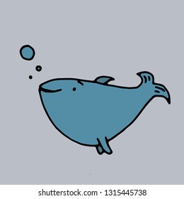 vector hand drawn doodle illustration of happy, smiling whale or big fish,perfect as simple,template,cute card or a cartoon background with an animal theme for happy children,drawn in outline, colored