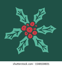 Vector hand drawn doodle illustration of Christmas holly berry. Red berries with green leaves on dark green background. New Year, Christmas decoration, design element. Poster or greeting card template