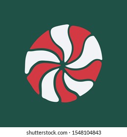 Vector hand drawn doodle illustration of sweet caramel candy. New Year and Christmas red and white treat on dark green background. Design element, poster or greeting card template