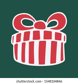 Vector hand drawn doodle illustration of round Christmas gift box. New Year and Christmas present in red striped wrapping paper with a bow. Design element, poster or greeting card template