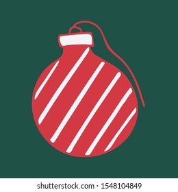 Vector hand drawn doodle illustration of Christmas tree ornament. New Year and Christmas tree decoration isolated on dark green background. Design element, poster or greeting card template
