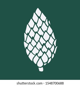 Vector hand drawn doodle illustration of pine or fir conifer cone. New Year and Christmas decoration isolated on dark green background. Design element, poster or greeting card template