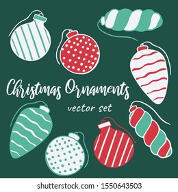 Vector hand drawn doodle illustration of Christmas tree ornaments set. New Year and Christmas tree decoration isolated on dark green background. Design element, poster or greeting card template