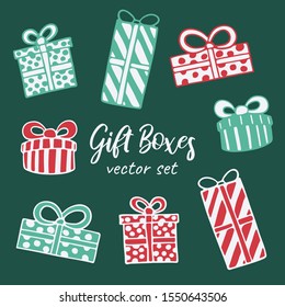 Vector hand drawn doodle illustration of Christmas gift boxes set. New Year and Christmas presents in dotted and striped wrapping paper with a bow. Design element, poster or greeting card template