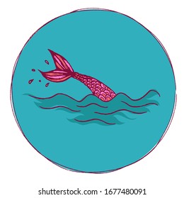 Vector hand drawn doodle illustration of bright pink mermaid tail in ocean or sea waves with splash and water drops at blue background. Fairy fantasy creature concept.