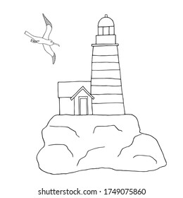 Vector hand drawn doodle illustration with lighthouse and flying seagull. Design for coloring book, print greeting cards, packaging.