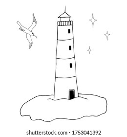 Vector hand drawn doodle illustration with lighthouse and flying seagull. Design for coloring book, print greeting cards, packaging.