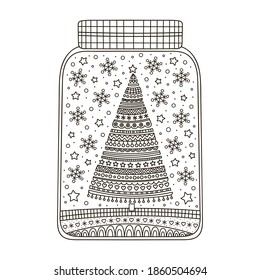 Vector hand drawn doodle illustration. Winter jar with cute Christmas tree, snowflakes and stars. Anti stress coloring page for children and adults. Outline. Isolated. White and black illustration.