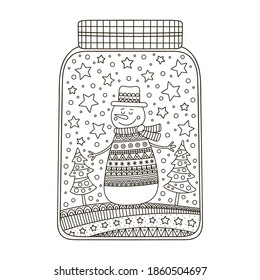 Vector hand drawn doodle illustration. Winter jar with snowman in pullover and hat, Christmas trees, stars, snow. Anti stress coloring page for children and adults. Outline. White and black.