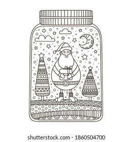 Vector hand drawn doodle illustration. Winter jar with Santa Claus, gift box, Christmas trees, stars, snow, moon, clouds. Anti stress coloring page for children and adults. White and black.