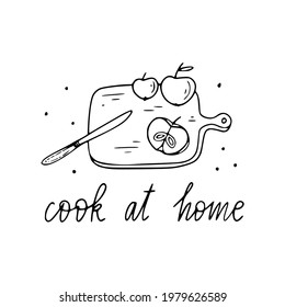 Vector hand drawn doodle illustration cutting board with apples and knife, hand lettering cook at home. Sustainable living doodle.