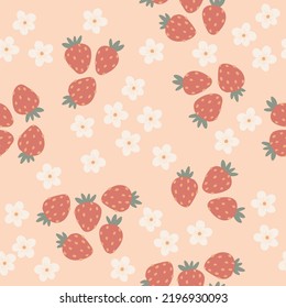 Vector hand drawn doodle illustration of strawberry. Vector floral seamless pattern. Seamless wallpaper or fabric design template.