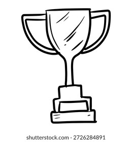Vector hand drawn doodle illustration of a winner trophy cup isolated on white background. Simple black and white line art sketch of an achievement award icon.