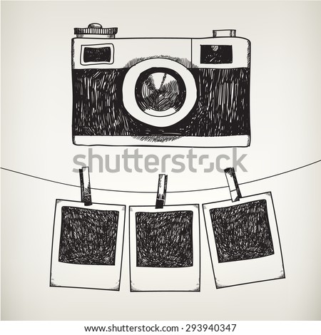 Vector hand drawn doodle illustration of retro photo frames and camera. Hanging photos in a photo studio.