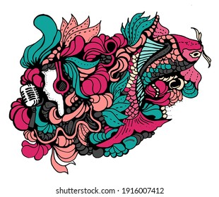 Vector hand drawn doodle koi fish illustration, colorful