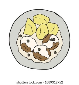 Doodle dibujado a mano por el vector Konigsberger Klopse. Bolas de Kingsmountainer. Cocina alemana. Elemento de esbozo de diseño para la cafetería de menú, el restaurante. Ilustración colorida sobre un fondo blanco.