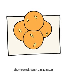 Vector hand drawn doodle laddu. Indian dessert. Design sketch element for menu cafe, restaurant, label and packaging. Colorful illustration on a white background.