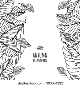 Vector hand drawn doodle leaves seamless background. Abstract autumn black and white frame. Nature organic line illustration.