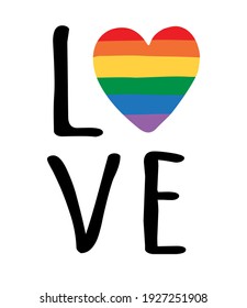 Vector hand drawn doodle lgbt love lettering with rainbow heart isolated on white background