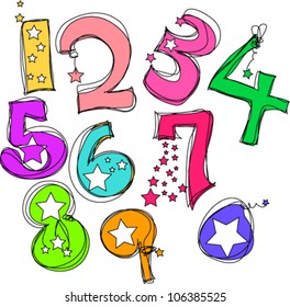 vector hand drawn doodle little star numbers, hand-drawing style, sweet design