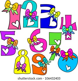 vector hand drawn doodle little love heart bow ribbon numbers, hand-drawing style, sweet design