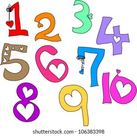 vector hand drawn doodle love heart numbers, hand-drawing style, sweet design