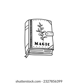 Vector hand drawn doodle magic book cartoon. Wizard book of spells. Herbal book