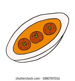 Vector hand drawn doodle malai kofta. Indian cuisine dish. Design sketch element for menu cafe, restaurant, label and packaging. Colorful illustration on a white background.