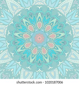 Vector hand drawn doodle mandala. Ethnic with colorful ornament. Isolated. Pastel blue colors, background. Doodle illustration. For printing fabric design card invitation