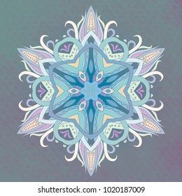 Vector hand drawn doodle mandala. Ethnic with colorful ornament. Isolated. Pastel blue colors, background. Doodle illustration. For printing fabric design card invitation